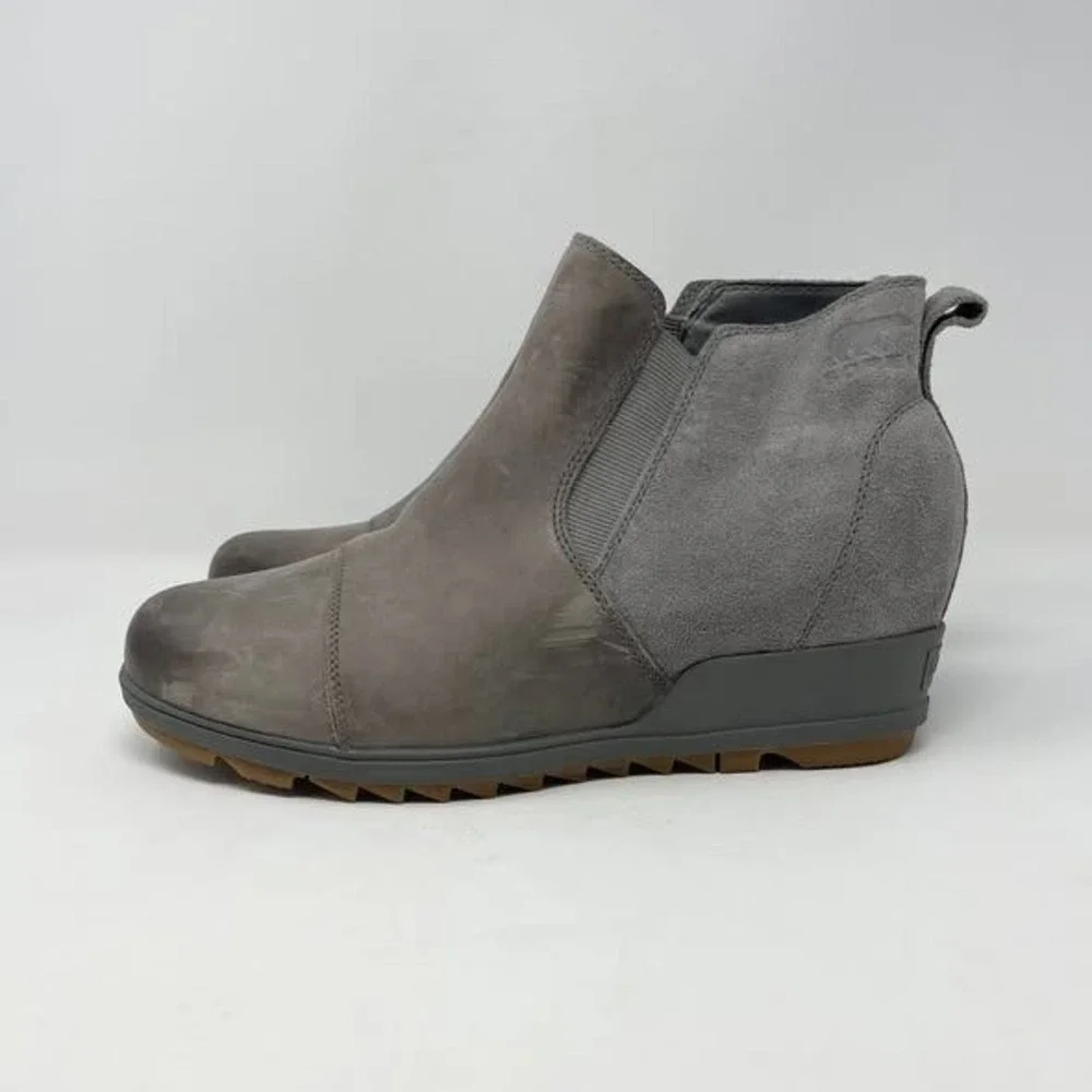 Sorel Evie Low Wedge Snow Bootie Womens 11 Gray Leather Pull On Casual READ‎